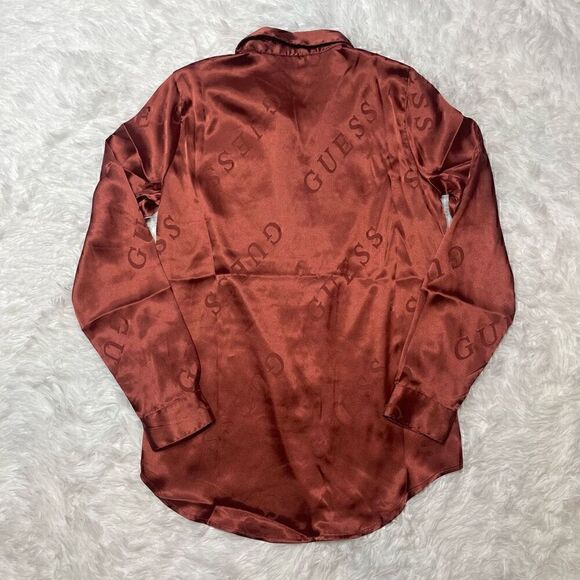 Guess Satin Logo Bronze Brown Blouse Long Sleeve Button Up Size XS Classic Elega - Picture 12 of 12